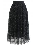 Falda midi de malla con puntos flocados de vid bordados en negro
