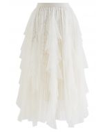 Falda de tul de malla con volantes de encaje floral en marfil