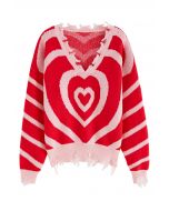 Suéter de punto con borde deshilachado de corazón multicapa en rojo