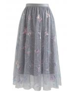 Falda de tul de malla bordada con mariposas de lentejuelas en gris