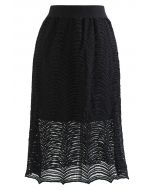 Falda midi de cintura alta de crochet de Ripple en negro