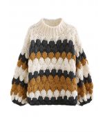 Suéter grueso tejido a mano con cuello alto con bloques de color en humo