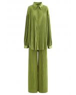 Conjunto de camisa y pantalón plisado completo en verde musgo