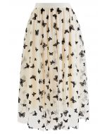 Falda midi de tul con malla de mariposa de terciopelo en color crema