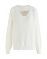 Suéter de punto con escote de perlas recortadas en blanco