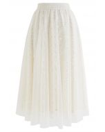 Falda de tul de malla de encaje floral con lentejuelas en color crema