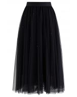 Falda midi de tul de malla con purpurina Venus en negro