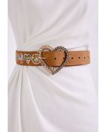 Cinturón bordado floral con corazón de diamantes de imitación