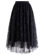 Falda midi de malla de Paisley bordada con lentejuelas en negro