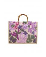 Bolso tote con asa de bambú y bordado floral de lentejuelas en violeta