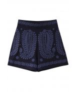 Shorts de cintura alta bordados vintage en azul marino