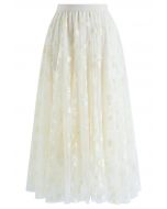 Falda midi de malla de doble capa en color crema de 3D Posy