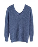Suéter con cuello en V de punto acanalado con textura en azul polvoriento