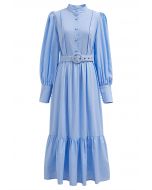 Vestido midi de mezcla de lino con botones y manga farol en azul