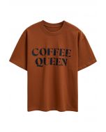 Camiseta de algodón estampada Coffee Queen en color caramelo
