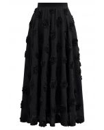 Falda midi de algodón calada 3D Rose en negro