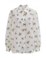 Camisa con botones y textura con estampado de flores en color crema