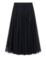 Falda midi de tul y malla con lentejuelas deslumbrantes en negro