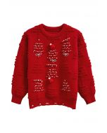 Suéter de punto con lazo en relieve de árbol de Navidad de perlas en rojo