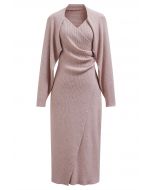 Conjunto de vestido y bolero de punto fruncido con cuello halter cruzado en rosa