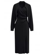 Conjunto de vestido y bolero de punto fruncido con cuello halter entrecruzado en negro