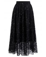 Falda midi de tul de malla con hojas bordadas con lentejuelas en negro