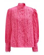 Exquisita camisa con botones y mangas de burbujas en rosa fuerte