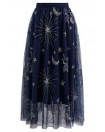 Falda de tul de malla bordada con luna y estrella de Mysterious Night en azul marino