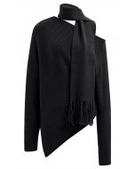 Jersey asimétrico de punto acanalado con bufanda con borlas en negro
