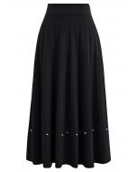 Falda midi de punto con costuras adornadas con cuentas plateadas en negro