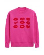 Suéter de punto con estampado de labios rojos en rosa intenso