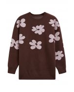 Suéter de punto con estampado de flores en contraste en marrón