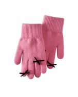 Guantes de punto con abertura para los dedos y decoración de lazo en rosa