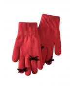 Guantes de punto con abertura para los dedos y decoración de lazo en rojo