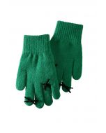 Guantes de punto con orificio para los dedos y decoración Bowknot en verde