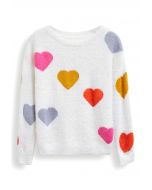 Suéter de punto borroso con estampado de corazones de colores