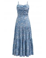 Vestido camisero con estampado floral y espalda con lazo en azul