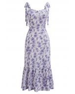 Vestido midi floral con abertura y lazo en los hombros en morado