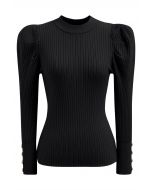 Top moderno de punto acanalado con mangas Gigot en negro