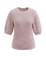 Suéter de manga corta con lentejuelas en rosa