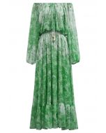 Vintage Baroque Off-Shoulder Chiffon Maxi Dress in Green