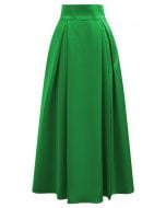 High-Slit Seamed Waist Pleated Satin Maxi Skirt in Green