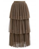 Falda de tul de malla escalonada plisada con adornos de lazo en marrón