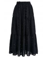 Falda midi de lentejuelas con flecos brillantes en negro
