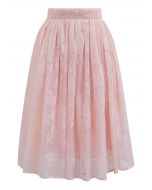 Falda midi de organza con textura de rosa de terciopelo en rosa