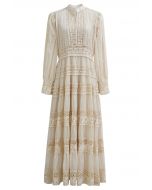 Savvy Elegance Notch Neck Floral Lace Panelled Maxi Dress in Cream