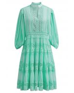 Savvy Elegance Notch Neck Floral Lace Panelled Midi Dress in Mint