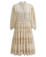 Savvy Elegance Notch Neck Floral Lace Panelled Midi Dress in Cream