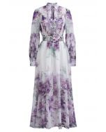 Watercolor Rose Garden Tie-Neck Belted Organza Maxi Dress in Purple