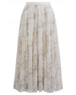 Falda midi de malla plisada con estampado de ramas en color canela
